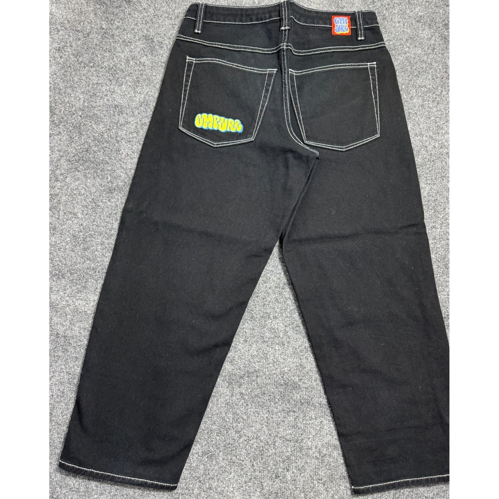 Empyre Loose Fit Skate Jeans Size 30 Black Denim White Contrast Stitching Baggy
